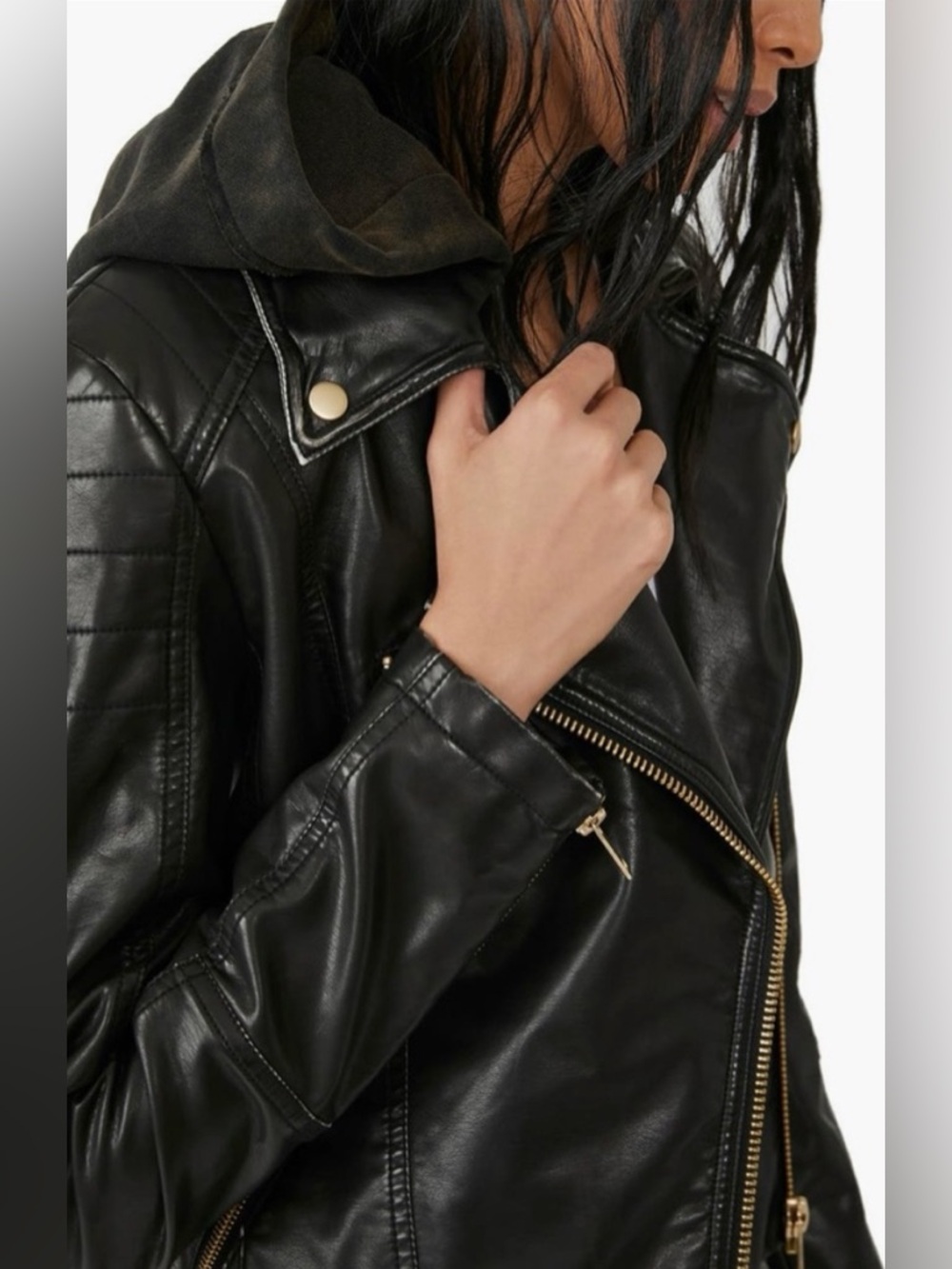 🔥Free People We The Free Harriett Black Vegan Leather Hooded Moto Jacket *Tear* - Picture 7 of 15
